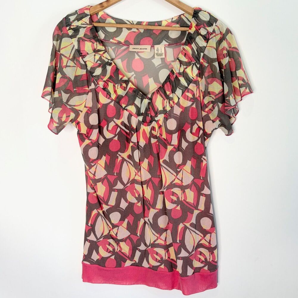 Vintage Y2K DKNY Blouse Sheer Geometric Pink Brown Flutter Sleeve 90's Women L